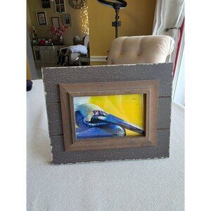 Rustic Brown Wood Picture Frame With Pelican Artwork 7" X 5" Coastal Decor